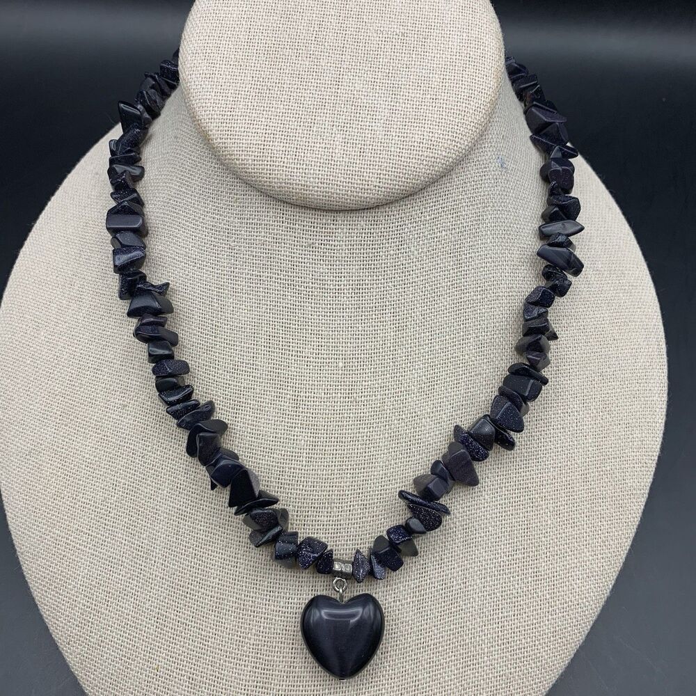 Blue Goldstone Chip Heart Pendant Necklace Cats Eye Sparkle Stone Boho